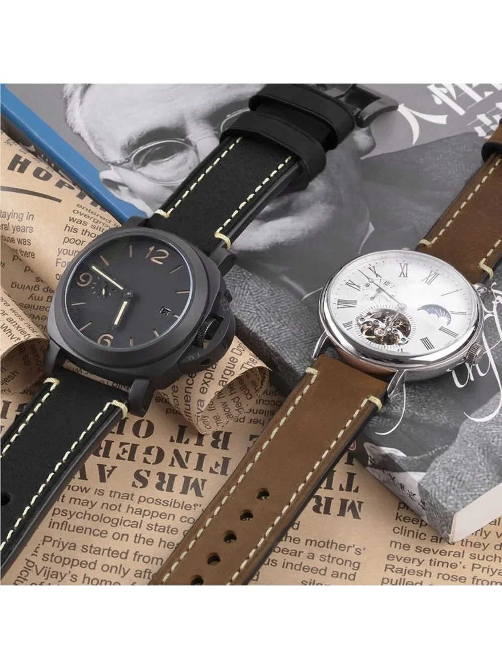 Vintage Leather Watch Bands for Men - Thick Crazy Horse & Tanned Styles, 20-26mm